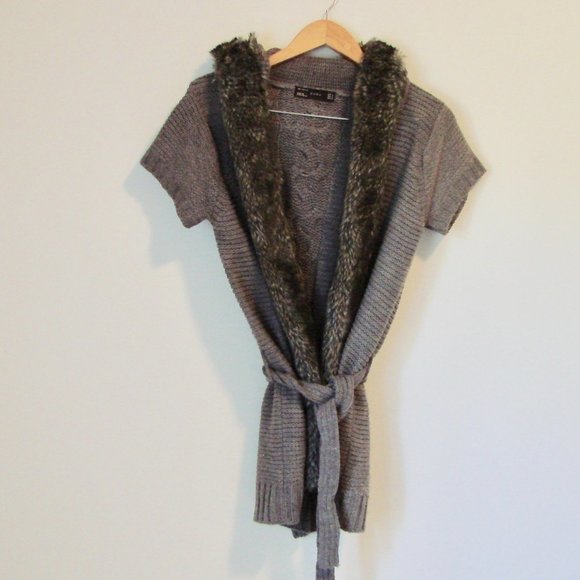 Zara Gray Chunky Ribbed Knit Sweater Cardigan Hoody Faux Fur Size Small - Picture 1 of 16